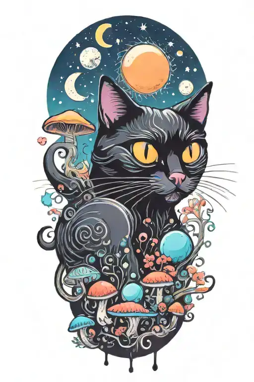 Black Cat With 3 Eye Balls And Trippy Colorful Mushrooms With Moon Melting