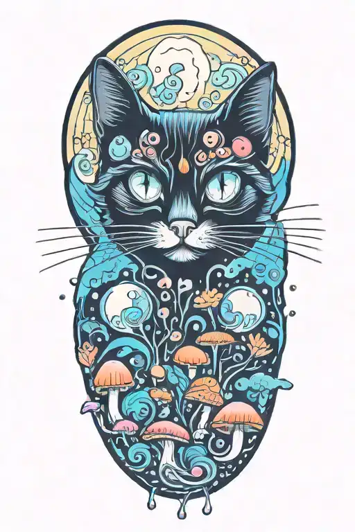 Black Cat With 3 Eye Balls And Trippy Colorful Mushrooms With Moon Melting