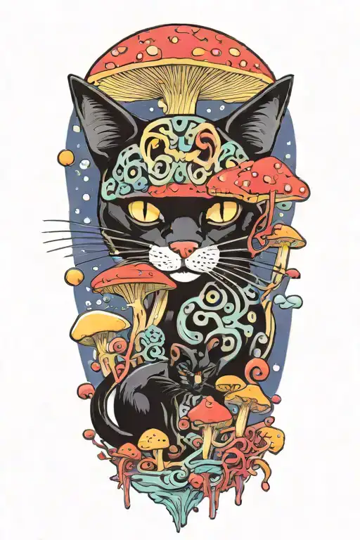 Black Cat With 3 Eyes And Trippy Colorful Mushrooms With Moon Melting