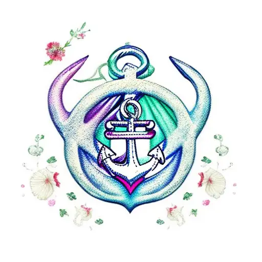 A Traditional Sailor's Anchor Adorned With Hibiscus Flowers And Seashells