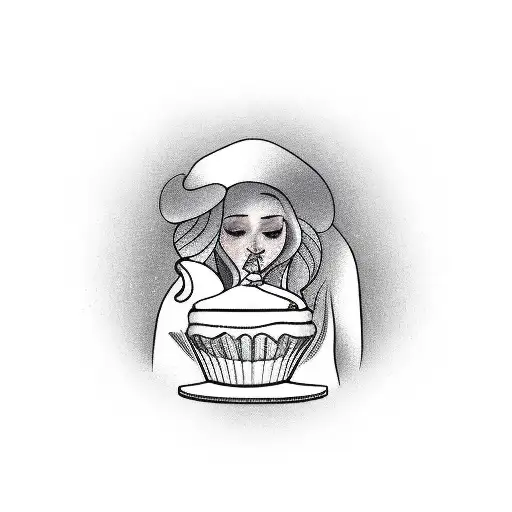 A Traditional Tattoo Of A Confectioner Creating A Beautiful Cake With A Serene Beach Background