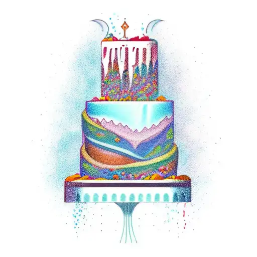 A New-school Tattoo Of A Waterfall Cascading Onto A Deliciously Decorated Cake