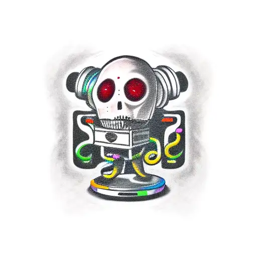 A New-school Style Tattoo Of A Creepy Video Game Character Surrounded By Musical Notes