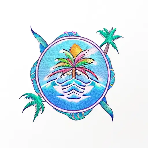 Create A Tattoo In The Style Of A Sewed On Patch That Has Two Palm Trees Shaped Together Ocean