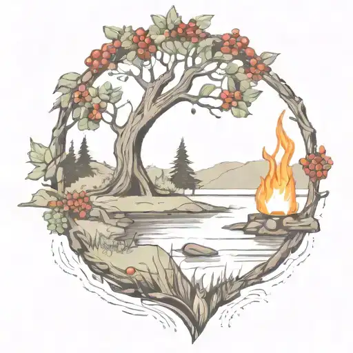 A Rowan Berry Tree And A Campfire Beside A River Waterfalling Down The Front