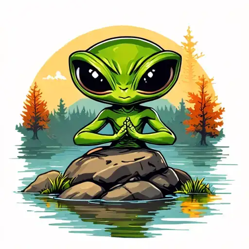Cute Little Green Alien Meditating On A Rock In The Shallow Part Of A River During Autumn
