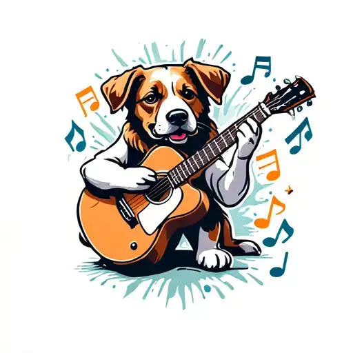 A Dog Playing A Guitar Surrounded By Musical Notes And Writing Utensils