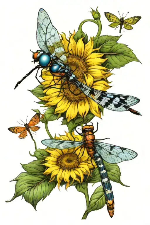 4 Dragonflies Sunflower Butterfly Resting
