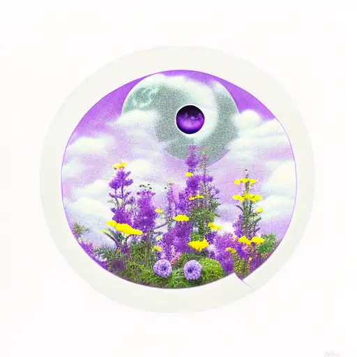 Half Moon With Violet Flowers Growing From Moon With Deep Purple Amethyst Towers Growing