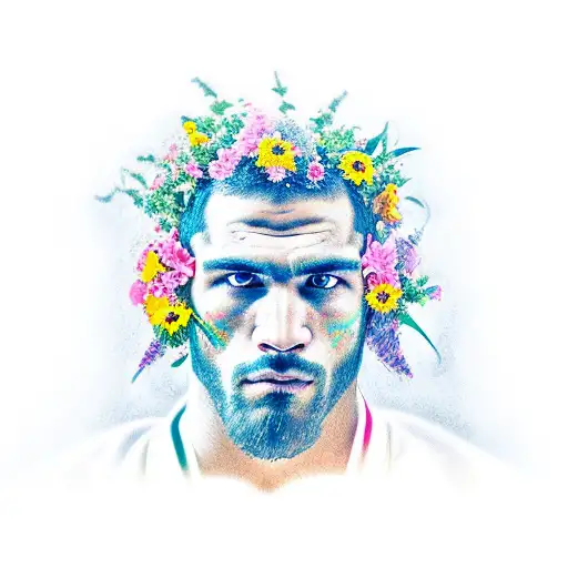 A Realistic Portrait Of A Jiu-jitsu Fighter Surrounded By A Colorful Garden Of Flowers