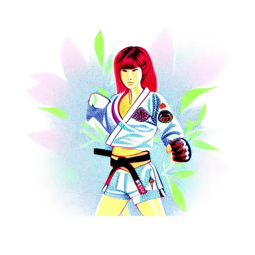 A Realistic Portrait Of A Jiu-jitsu Female Fighter Surrounded By A Colorful Garden Of Flowers