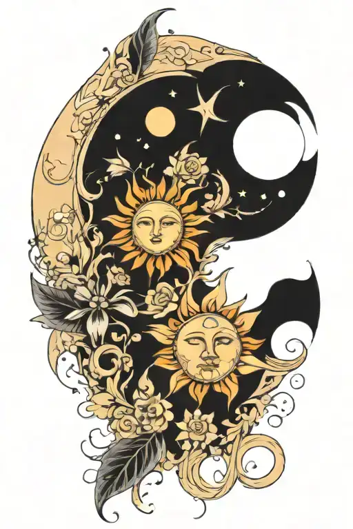 A New-school Design Of A Sun And Moon Merging Together With Intricate Floral Patterns