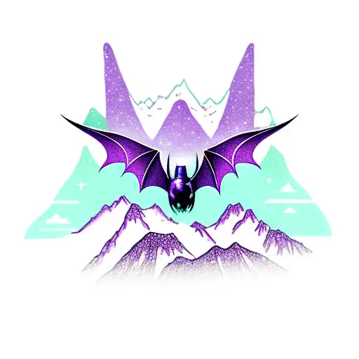Purple Bat With Spread Wings And Mountain Peak With Three Stars Above