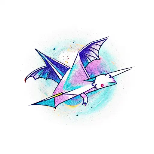 Purple Bat With Spread Wings And Mountain Peak With Three Stars Above