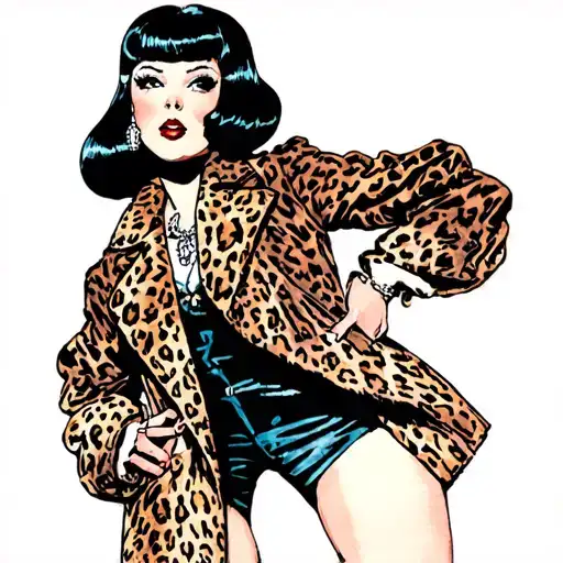 Pinup Girl With Black Bob Wearing Cheetah Print Coat