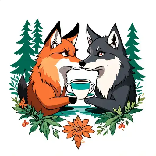 An Anime-inspired Tattoo Of A Fox And A Wolf Sharing A Cup Of Coffee In A Forest Setting