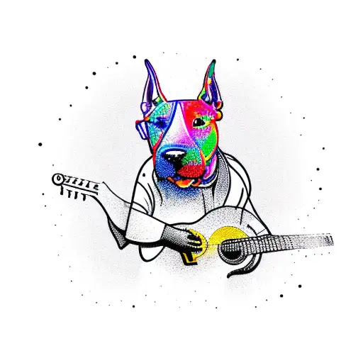A Psychedelic Bull Terrier Playing A Guitar In A Nature-inspired Setting