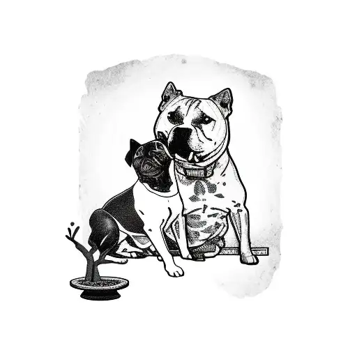 A Tattoo Of A Pitbull And An Akita Dog Sitting Together Under A Money Tree Playing Poker