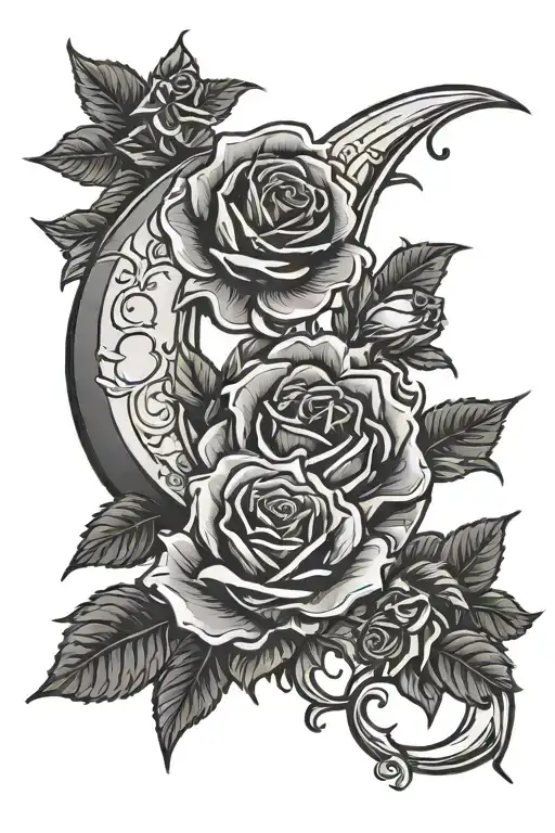 Crescent Moon With Roses Outline