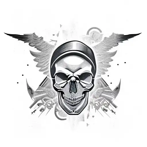 A Skull Head Surrounded By Metal Wings In A Blackwork Style