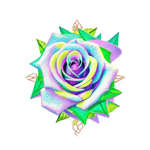 Hand Held Mirror Colour With Light Purple Ribbon Green Oval Simple Leaves And One Red Rose