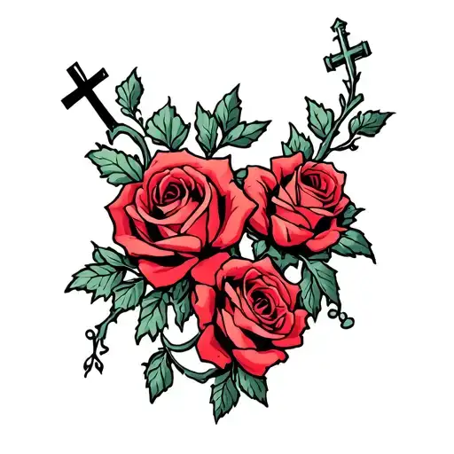 Small Roses And Cross Gothica Style Vine For Arm Sleeve
