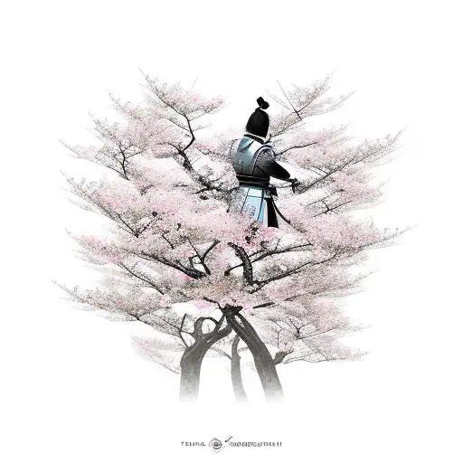 Samurai In Front Of A Cherry Blossom Tree