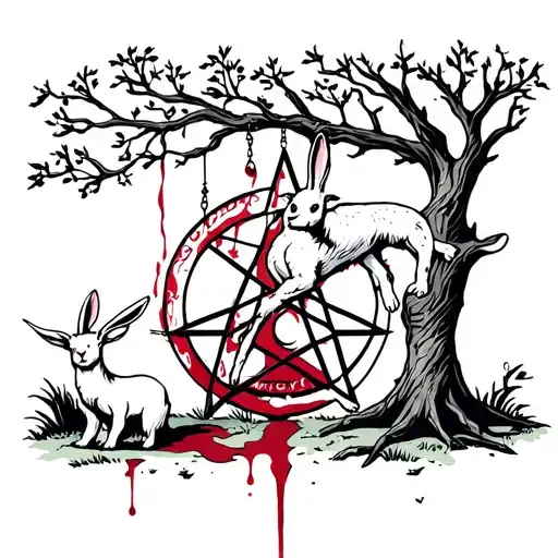 A Rabbit Hanging From A Tree With A Goat Drawing A Pentagram With The Rabbit's Blood