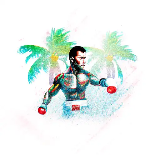 Kickboxer On Island With Palm Tree