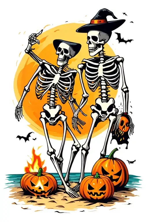 Skeletons Dancing On A Beach Around Campfire And Jackolanterns