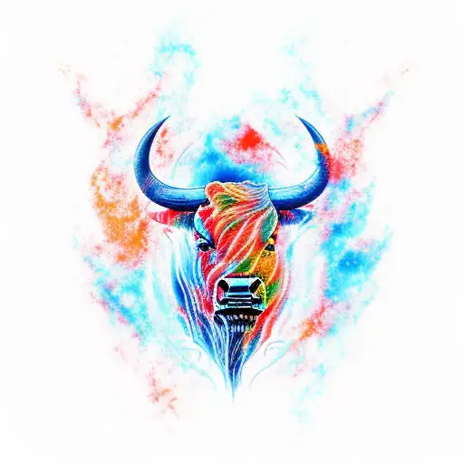 Bull In Fiery Fluid Form Swirling With The Clouds