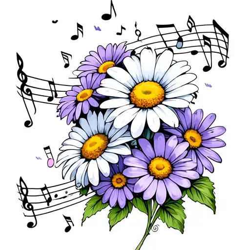 Daisy & Violet Flowers With Musical Notes Floating
