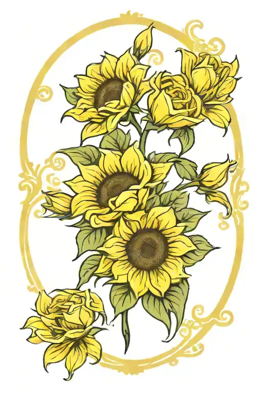 Oval Border For Portrait Of Sunflowers Light Yellow Roses And Dark Yellow Tulips
