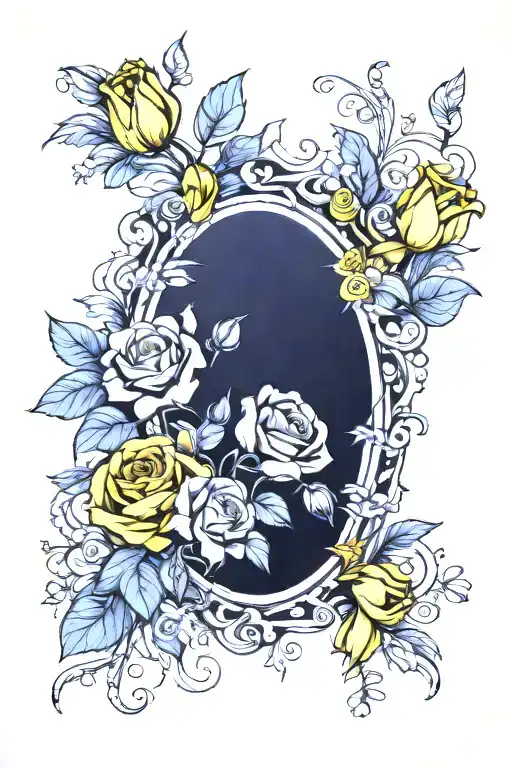 Oval Frame Of Vines Sunflowers Light Yellow Roses Dart Yellow Tulips Assorted Flowers For Portrait