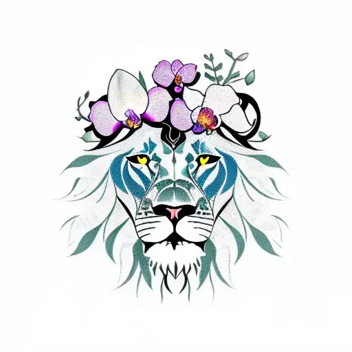 A Majestic Lion Surrounded By Blooming Orchids