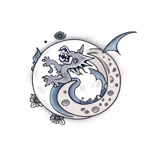 Moon With Baby Dragon And A Flower