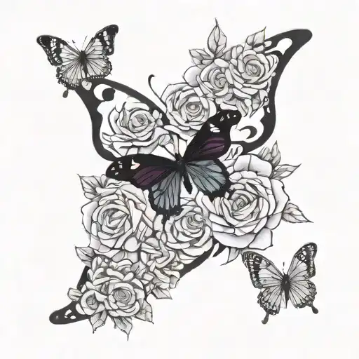 A Collage Of Black And White Photos Forming The Shape Of A Butterfly Surrounded By Purple Roses