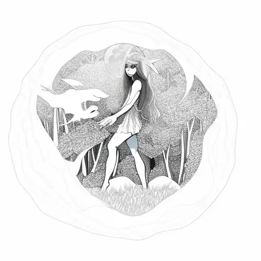 A Mystical Forest Nymph Gracefully Walking On A Moonlit Hiking Trail