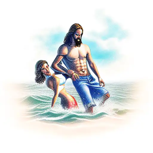 Jesus Carrying A Lady On The Shoreline
