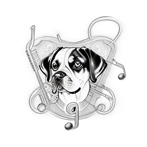 A Blackwork Tattoo Of A Mystical Dog Surrounded By Musical Notes And Symbols