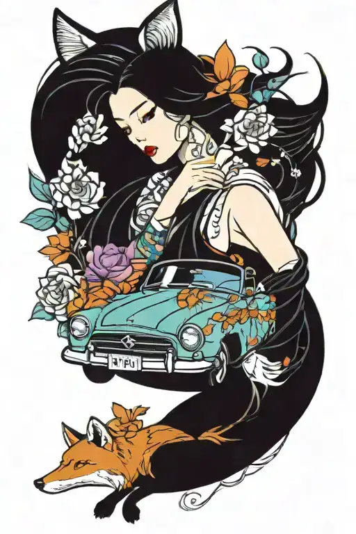 Colorful Japan Woman With Car And Fox And Flowers