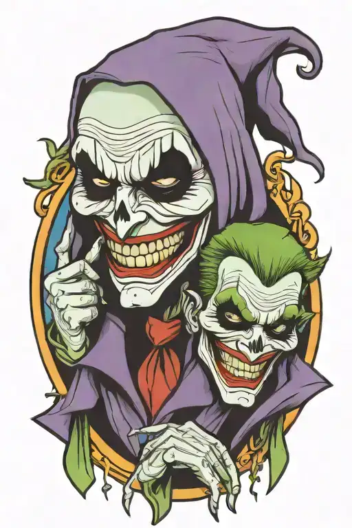 Tatto Of Joker Crying With Grim Reaper Hood A Phsycotically Crying Add Joker With Long Hair