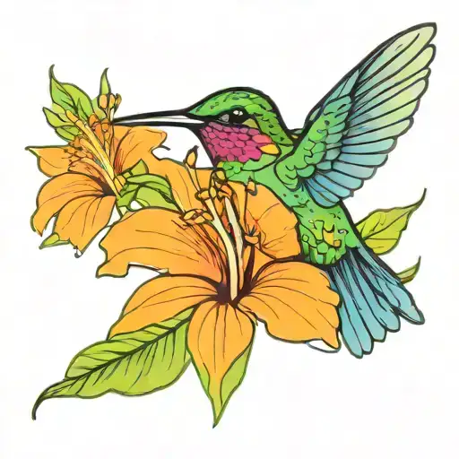 Bright Multi Colored Hummingbird Hovering Over Orange Hibiscus Flower