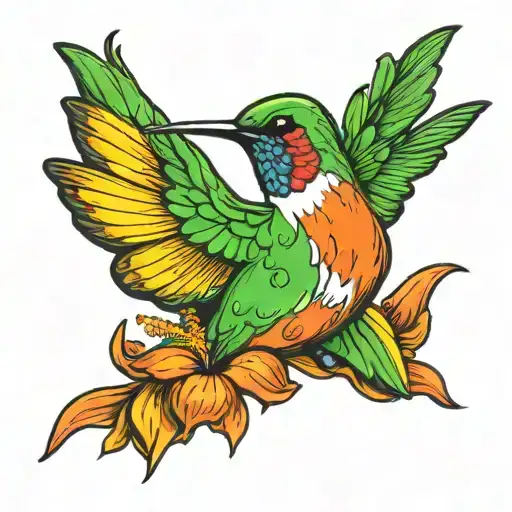 Bright Multi Colored Hummingbird Hovering Over Orange Hibiscus Flower
