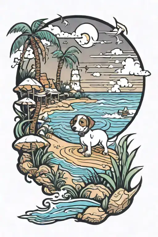 A Trippy Scenery Tattoo Of A Beach Scene With A Hidden Jack Russel Puppy