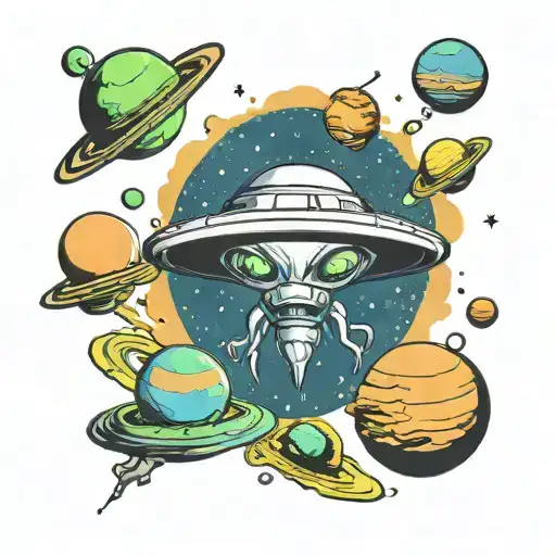 An Alien Ufo Flying Theough Space Surrounded By Planets And Galaxys