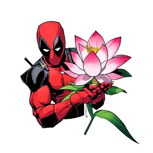 Full Body Animated Deadpool With A Lotus Flower In His Hands
