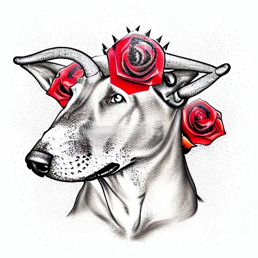 The Head With The Bared Mouth Of A Bull Terrier In Red Roses With Spikes