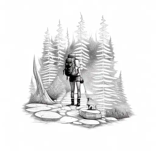 A Sketch-style Tattoo Of A Hiker And Their Loyal Dog Exploring A Tim Burton-esque Forest