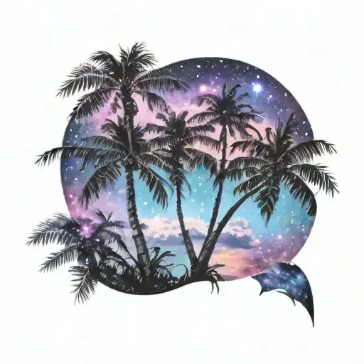 A Realistic Palm Tree With A Galaxy Background